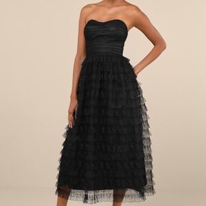 Lulus Immensely Exquisite Black Tulle Strapless Tiered Midi Dress - Size M